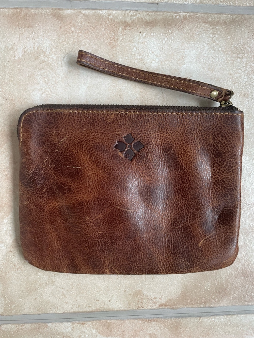 Patricia Mash Cassini wristlet distressed tooled brown leather